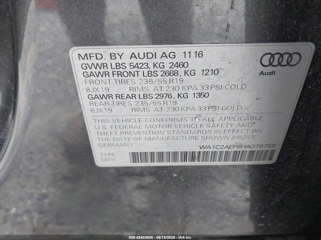45403800 :رقم المزاد ، WA1C2AFP8HA076759 vin ، 2017 Audi Q5 2.0t Premium مزاد بيع