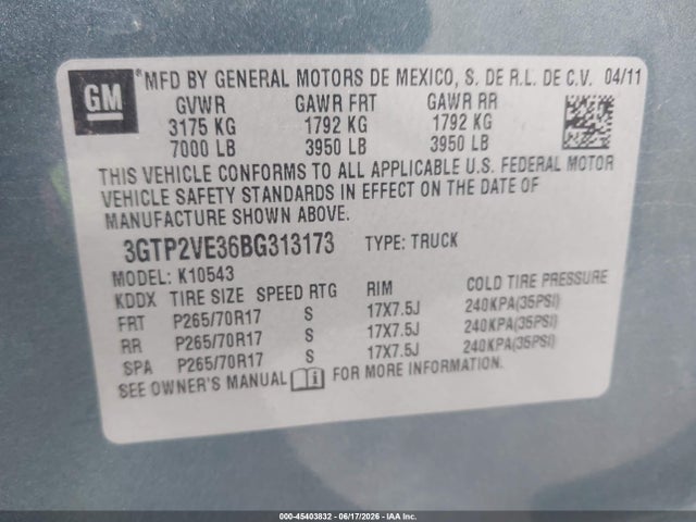 Aukcja sprzedaży 2011 Gmc Sierra 1500 Sle, vin: 3GTP2VE36BG313173, numer aukcji: 45403832