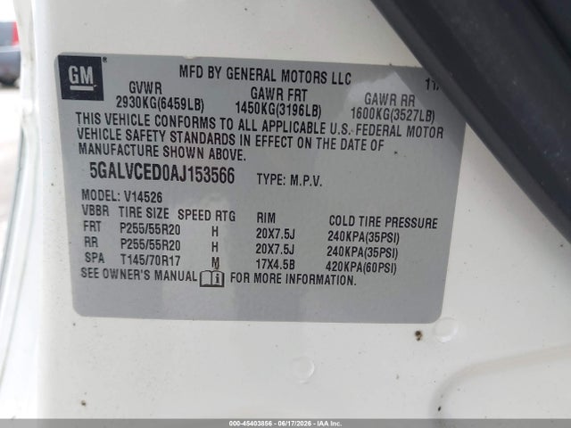 45403856 :رقم المزاد ، 5GALVCED0AJ153566 vin ، 2010 Buick Enclave 2xl مزاد بيع