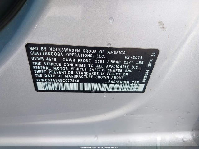 Продажа на аукционе авто 2014 Volkswagen Passat 1.8t Sel Premium, vin: 1VWCS7A34EC077448, номер лота: 45403858