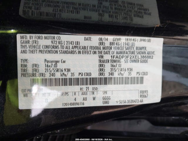 Auction sale of the 2014 Ford Focus Se, vin: 1FADP3F2XEL386882, lot number: 45403868