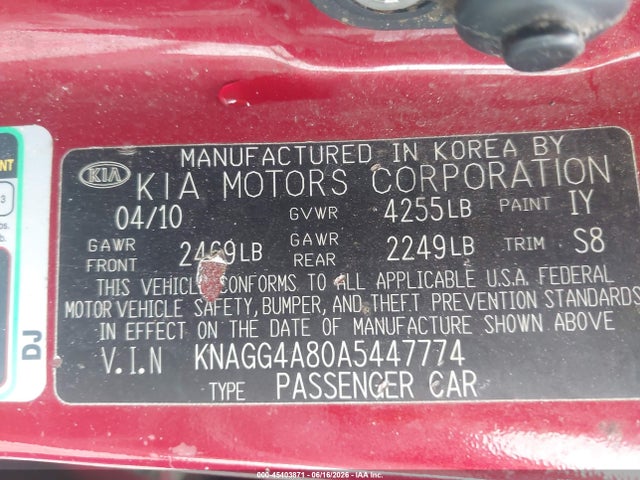 Auction sale of the 2010 Kia Optima Lx, vin: KNAGG4A80A5447774, lot number: 45403871