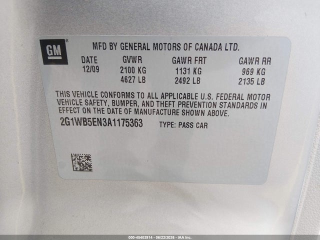 2010 Chevrolet Impala Lt მანქანა იყიდება აუქციონზე, vin: 2G1WB5EN3A1175363, აუქციონის ნომერი: 45403914