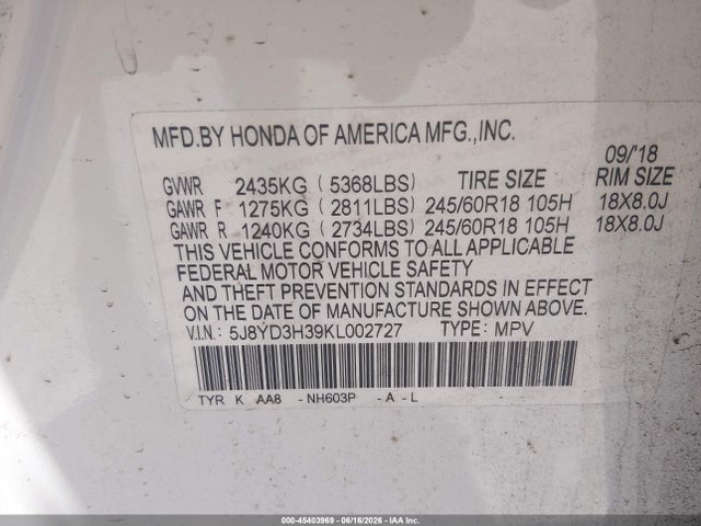 Aukcja sprzedaży 2019 Acura Mdx Standard, vin: 5J8YD3H39KL002727, numer aukcji: 45403969