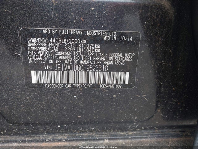 2015 Subaru Wrx Premium მანქანა იყიდება აუქციონზე, vin: JF1VA1D60F9823318, აუქციონის ნომერი: 45404025