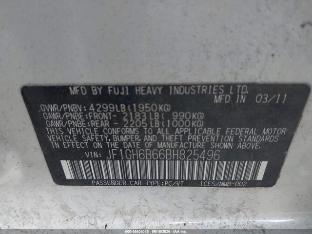 45404035 :رقم المزاد ، JF1GH6B66BH825496 vin ، 2011 Subaru Impreza 2.5i Premium مزاد بيع