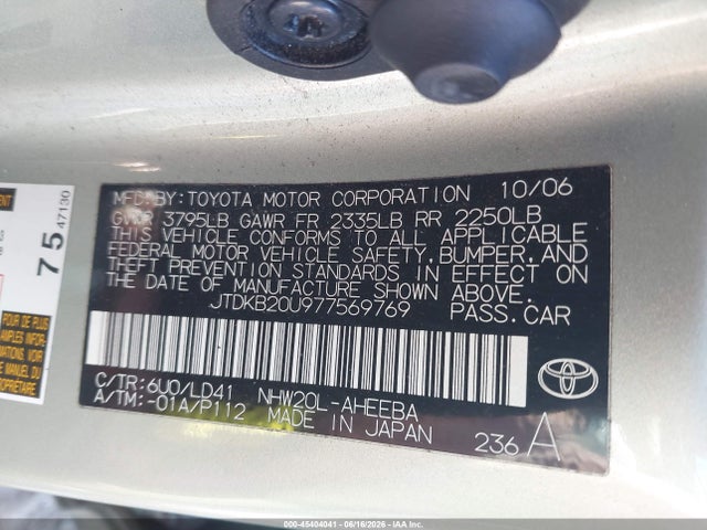 Aukcja sprzedaży 2007 Toyota Prius, vin: JTDKB20U977569769, numer aukcji: 45404041