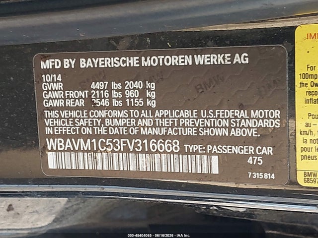 Aukcja sprzedaży 2015 Bmw X1 Sdrive28i, vin: WBAVM1C53FV316668, numer aukcji: 45404065