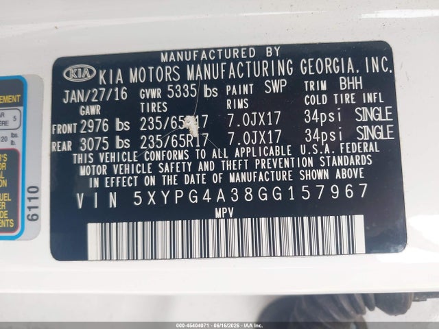Aukcja sprzedaży 2016 Kia Sorento 2.4l Lx, vin: 5XYPG4A38GG157967, numer aukcji: 45404071