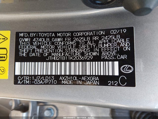 Aukcja sprzedaży 2019 Lexus Es 300h, vin: JTHB21B11K2036929, numer aukcji: 45404072