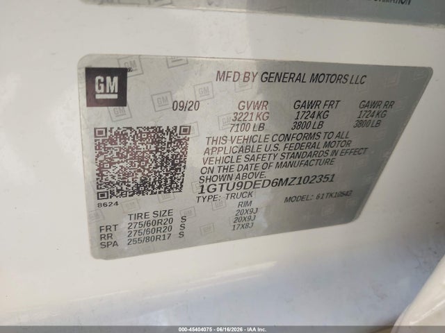 2021 Gmc Sierra 1500 4wd  Short Box Slt მანქანა იყიდება აუქციონზე, vin: 1GTU9DED6MZ102351, აუქციონის ნომერი: 45404075