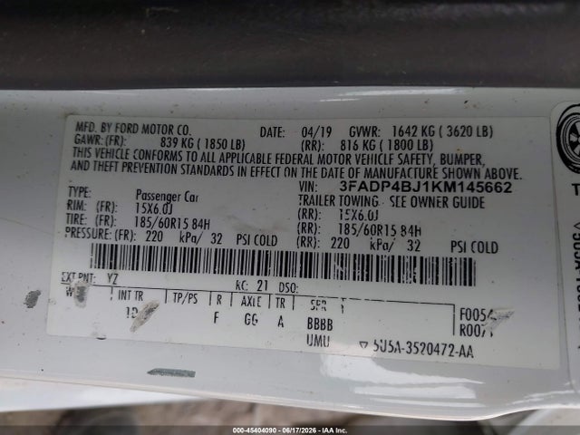 Aukcja sprzedaży 2019 Ford Fiesta Se, vin: 3FADP4BJ1KM145662, numer aukcji: 45404090