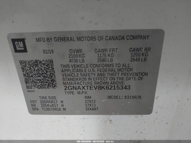 45404095 :رقم المزاد ، 2GNAXTEV8K6215343 vin ، 2019 Chevrolet Equinox Lt مزاد بيع