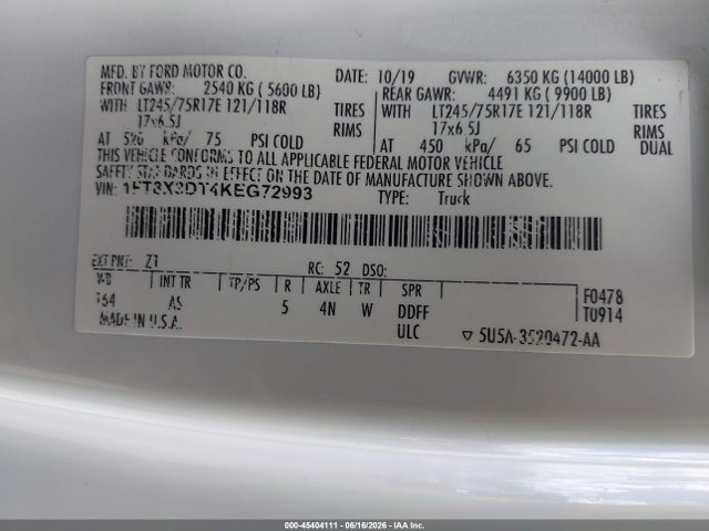 Aukcja sprzedaży 2019 Ford F-350 Xl, vin: 1FT8X3DT4KEG72993, numer aukcji: 45404111