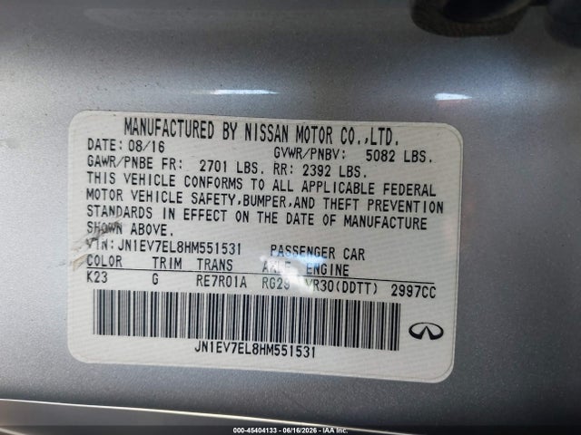 45404133 :رقم المزاد ، JN1EV7EL8HM551531 vin ، 2017 Infiniti Q60 3.0t Premium مزاد بيع