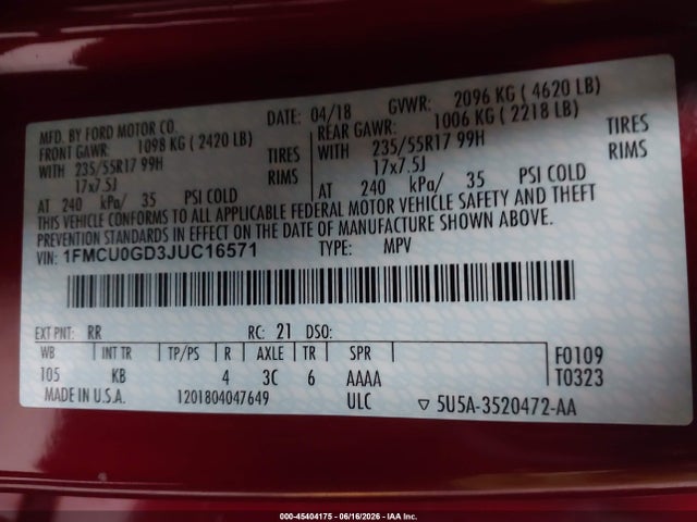 Aukcja sprzedaży 2018 Ford Escape Se, vin: 1FMCU0GD3JUC16571, numer aukcji: 45404175