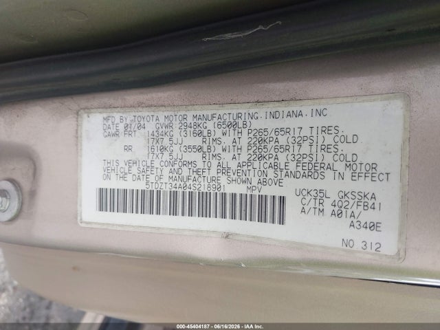 Aukcja sprzedaży 2004 Toyota Sequoia Sr5 V8, vin: 5TDZT34A04S218901, numer aukcji: 45404187