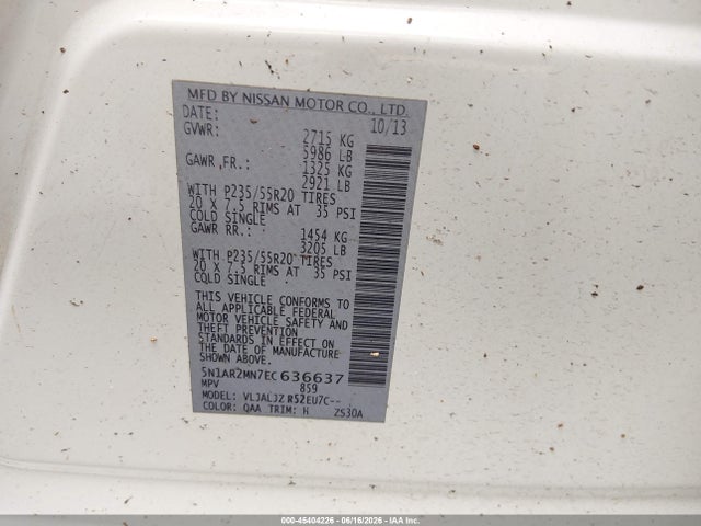 Aukcja sprzedaży 2014 Nissan Pathfinder Platinum, vin: 5N1AR2MN7EC636637, numer aukcji: 45404226
