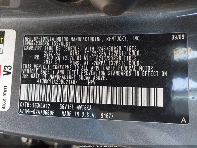 Aukcja sprzedaży 2009 Toyota Venza Base V6, vin: 4T3BK11A29U021487, numer aukcji: 45404240