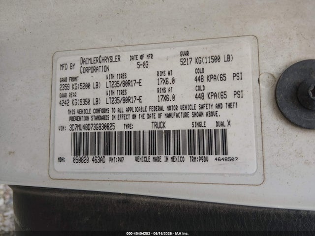 45404253 :رقم المزاد ، 3D7MU48D73G830825 vin ، 2003 Dodge Ram 3500 Slt/laramie/st مزاد بيع