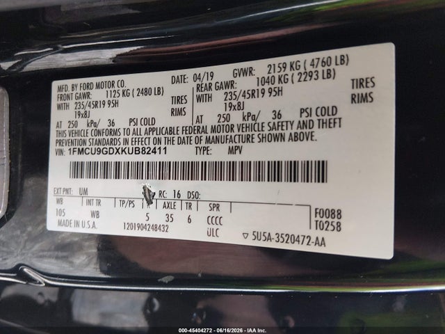 Aukcja sprzedaży 2019 Ford Escape Se, vin: 1FMCU9GDXKUB82411, numer aukcji: 45404272