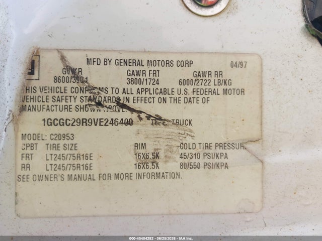 45404282 :رقم المزاد ، 1GCGC29R9VE246400 vin ، 1997 Chevrolet C2500 Hd Fleetside مزاد بيع