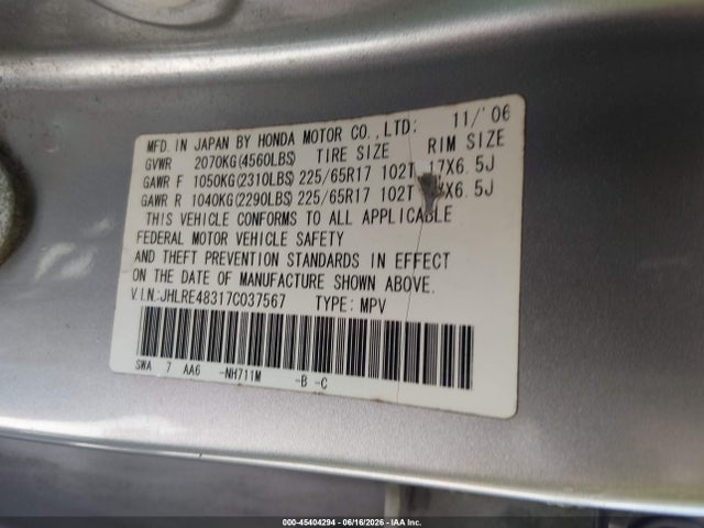 Aukcja sprzedaży 2007 Honda Cr-v Lx, vin: JHLRE48317C037567, numer aukcji: 45404294