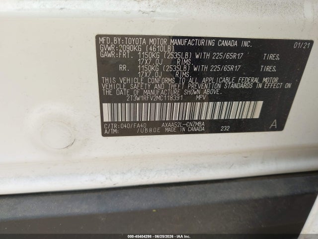 45404298 :رقم المزاد ، 2T3W1RFV2MC118391 vin ، 2021 Toyota Rav4 Xle مزاد بيع
