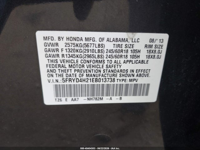 2014 Acura Mdx მანქანა იყიდება აუქციონზე, vin: 5FRYD4H21EB013738, აუქციონის ნომერი: 45404303