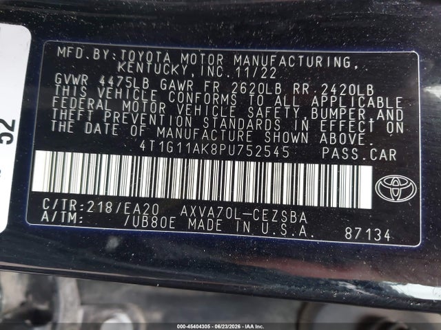 2023 Toyota Camry Se მანქანა იყიდება აუქციონზე, vin: 4T1G11AK8PU752545, აუქციონის ნომერი: 45404305