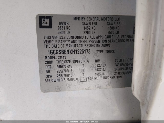 Aukcja sprzedaży 2017 Chevrolet Colorado Wt, vin: 1GCGSBENXH1226173, numer aukcji: 45404315