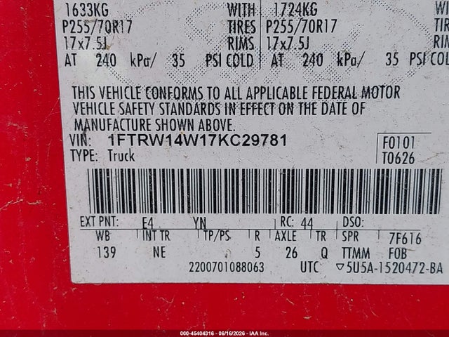 Aukcja sprzedaży 2007 Ford F-150 Xlt, vin: 1FTRW14W17KC29781, numer aukcji: 45404316