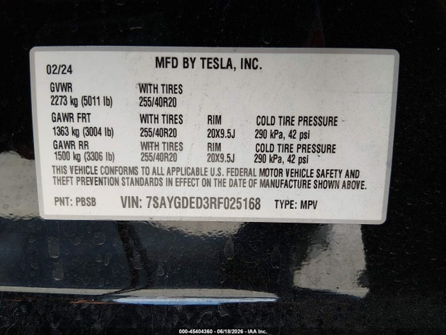 Aukcja sprzedaży 2024 Tesla Model Y Long Range Single Motor Rear-wheel Drive/rwd, vin: 7SAYGDED3RF025168, numer aukcji: 45404360