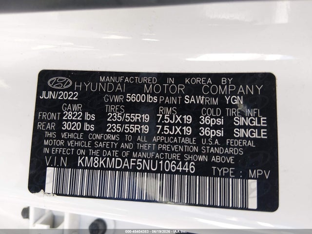 Продажа на аукционе авто 2022 Hyundai Ioniq 5 Se, vin: KM8KMDAF5NU106446, номер лота: 45404383