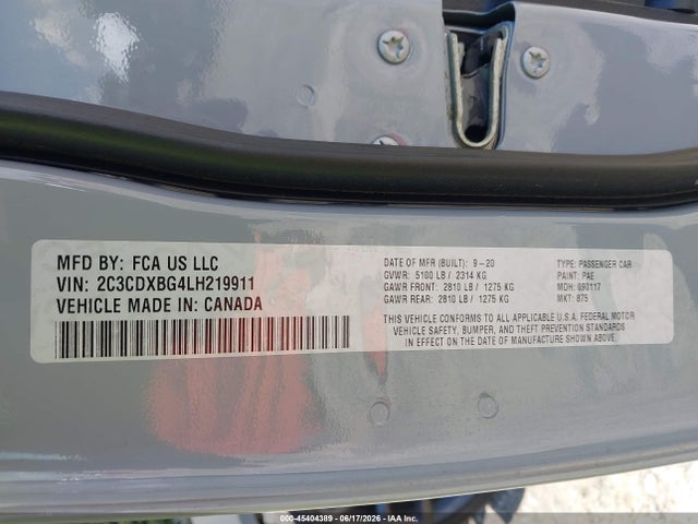 Продаж на аукціоні авто 2020 Dodge Charger Sxt Rwd, vin: 2C3CDXBG4LH219911, номер лоту: 45404389