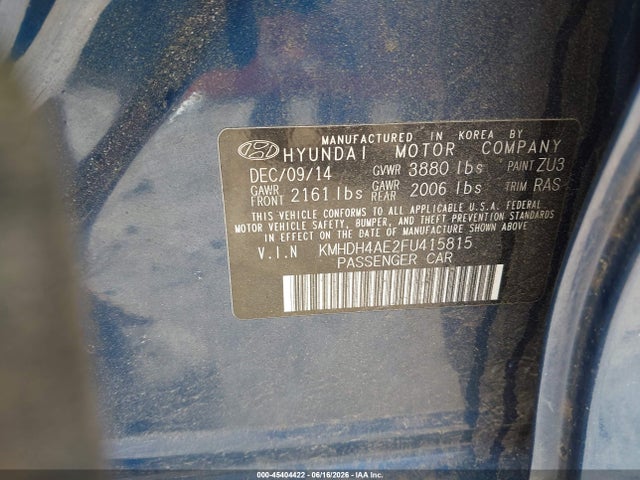Aukcja sprzedaży 2015 Hyundai Elantra Se, vin: KMHDH4AE2FU415815, numer aukcji: 45404422