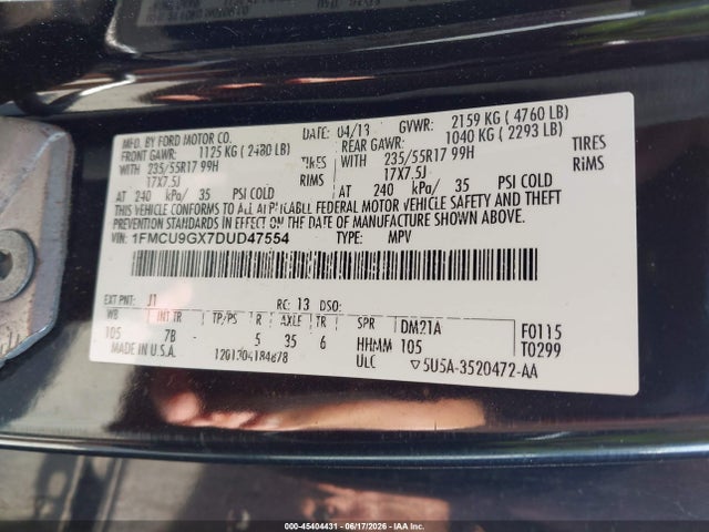 45404431 :رقم المزاد ، 1FMCU9GX7DUD47554 vin ، 2013 Ford Escape Se مزاد بيع