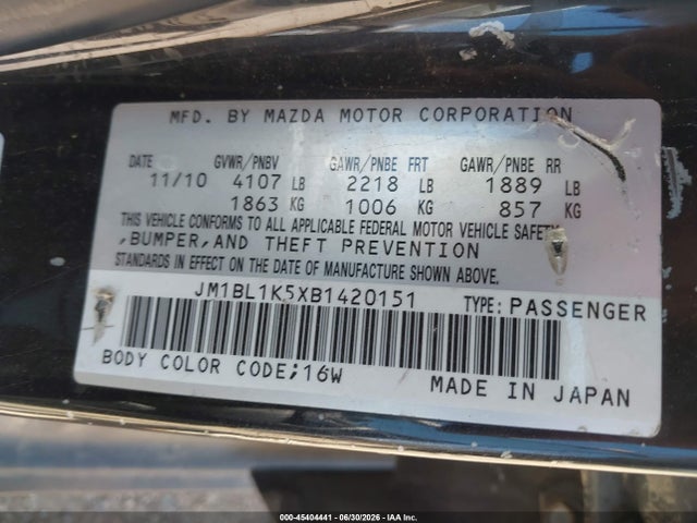 45404441 :رقم المزاد ، JM1BL1K5XB1420151 vin ، 2011 Mazda Mazda3 S Sport مزاد بيع