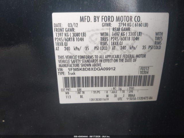 2013 Ford Explorer Xlt მანქანა იყიდება აუქციონზე, vin: 1FM5K8D8XDGA09912, აუქციონის ნომერი: 45404444