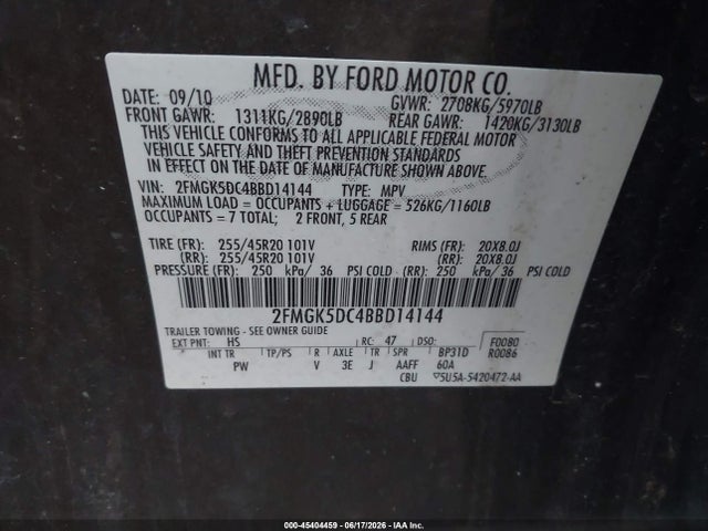 Продаж на аукціоні авто 2011 Ford Flex Limited, vin: 2FMGK5DC4BBD14144, номер лоту: 45404459