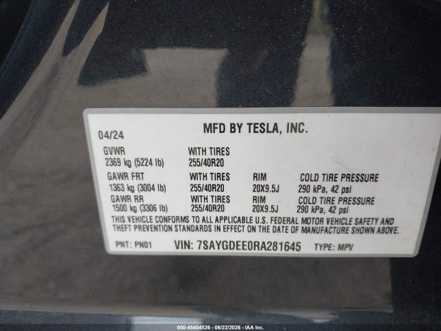 45404526 :رقم المزاد ، 7SAYGDEE0RA281645 vin ، 2024 Tesla Model Y Long Range Dual Motor All-wheel Drive مزاد بيع