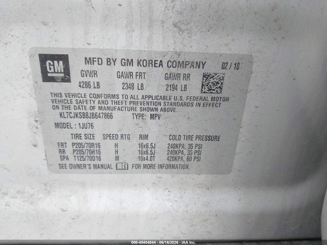 2018 Chevrolet Trax Ls მანქანა იყიდება აუქციონზე, vin: KL7CJKSB8JB647866, აუქციონის ნომერი: 45404544