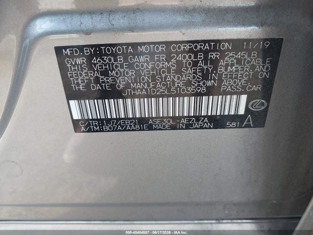 Aukcja sprzedaży 2020 Lexus Is 300, vin: JTHAA1D25L5103598, numer aukcji: 45404557