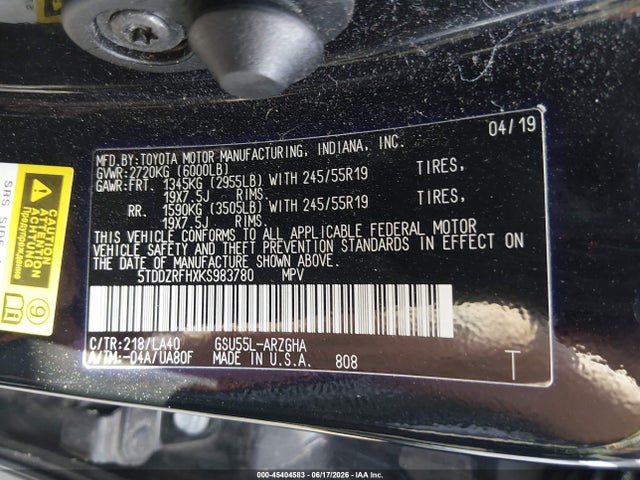 5TDDZRFHXKS983780 Toyota Highlander Limited Platinum