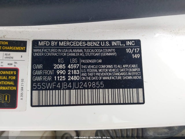 45404612 :رقم المزاد ، 55SWF4JB4JU249855 vin ، 2018 Mercedes-benz C 300 مزاد بيع