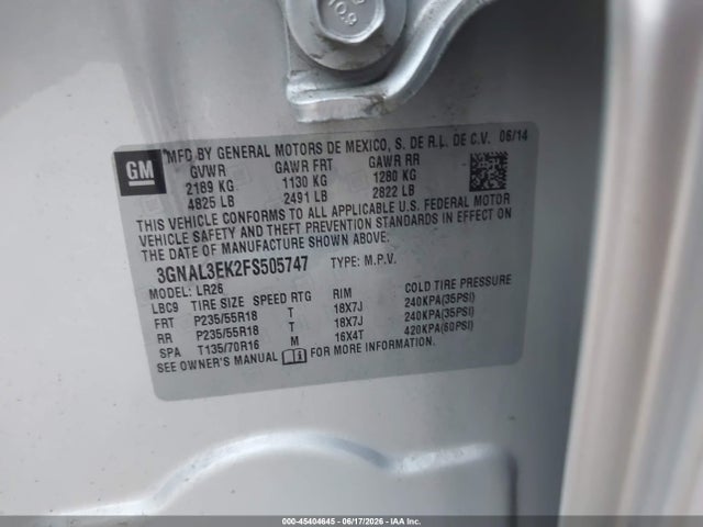 Продажа на аукционе авто 2015 Chevrolet Captiva Sport Fleet Lt, vin: 3GNAL3EK2FS505747, номер лота: 45404645