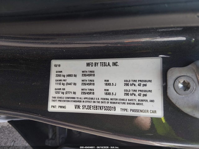 Aukcja sprzedaży 2019 Tesla Model 3 Long Range/performance, vin: 5YJ3E1EB7KF533319, numer aukcji: 45404681