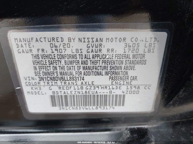 45404684 :رقم المزاد ، 3N1CN8DV6LL893174 vin ، 2020 Nissan Versa S Xtronic Cvt مزاد بيع