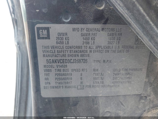 45404693 :رقم المزاد ، 5GAKVCED3CJ268726 vin ، 2012 Buick Enclave Leather مزاد بيع