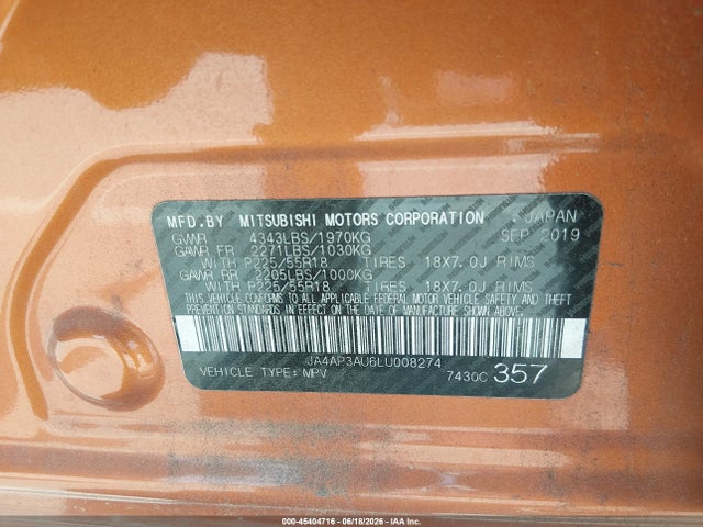 45404716 :رقم المزاد ، JA4AP3AU6LU008274 vin ، 2020 Mitsubishi Outlander Sport 2.0 Es مزاد بيع